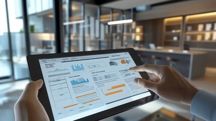 Realistic 3D render of a loan officer presenting property ownership documents and credit report charts on a digital tablet, with a modern office background