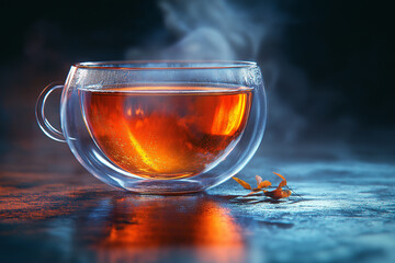 Warm tea in a glass cup surrounded by delicate steam and soft light captured in a cozy setting