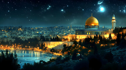 Obraz premium Night View of a City with a Golden Dome Building and Stars