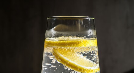 Sparkling water with fresh lemon slice dark background