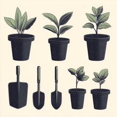 A collection of potted plants and gardening tools illustrated in a minimal style.