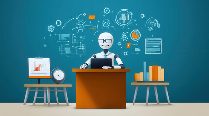 humanoid figure working at desk with charts and graphs in background, showcasing innovative ideas and technology. scene conveys sense of productivity and creativity