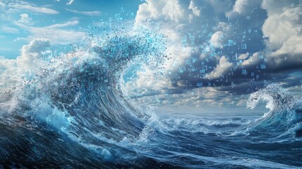Fototapeta premium Digital data forms a large ocean wave.