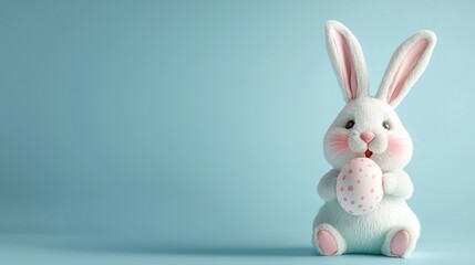 Obraz premium Süßer Osterhase mit Osterei vor hellblauem Hintergrund mit freiem Platz für text 
