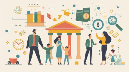 A visual representation of family wealth management, with symbols of success like property, family businesses, and financial legacies.