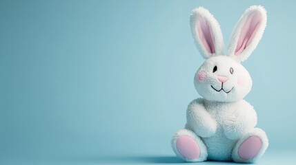 Fototapeta premium Weißes Kuscheltier - Osterhase sitzt vor Pastellblauem Hintergrund, freier Platz für Text 