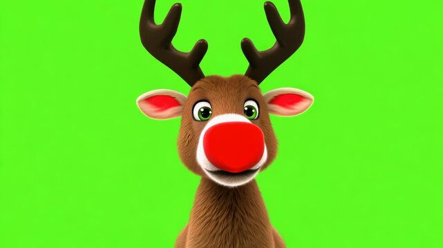 A cartoon reindeer with an exaggerated large red nose, standing against a green background. The character is cheerful and perfect for Christmas or holiday-themed children&rsquo;s content.

