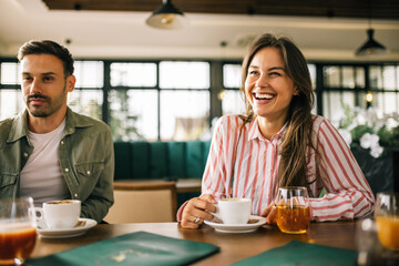 Happy friends drinking coffee in a restaurant. Hanging out and having fun together.