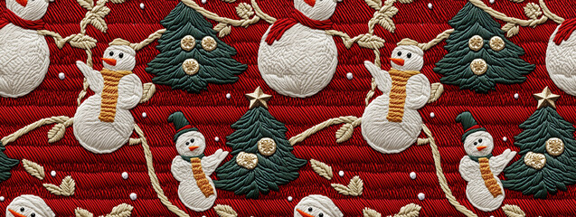 Embroidery Seamless Pattern, Embrace the holiday spirit with cheerful snowman embroidery, Christmas Wall Decoration