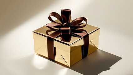 wrapped gold gift boxes adorned with glittering ribbons in black, burgundy, and dark brown, isolated on isolated background