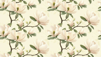 Seamless botanical pattern featuring isolated magnolia flowers and leaves on a soft pastel background ideal for wedding invitations and social media designs