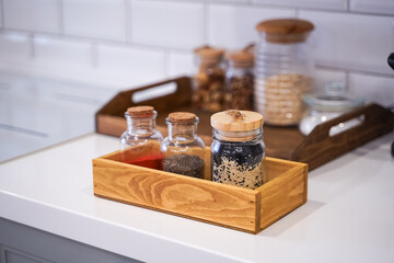 Collection of grain products in kitchen storage. Home kitchen lifestyle
