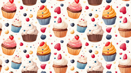 Cute seamless pattern of colorful cupcakes and fairy cakes perfect for food poster designs