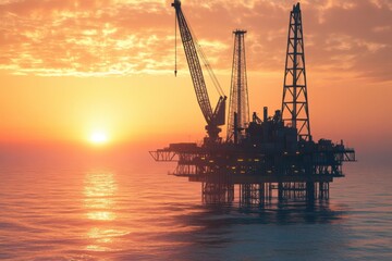 Obraz premium Crane on Offshore Platform at Sunset