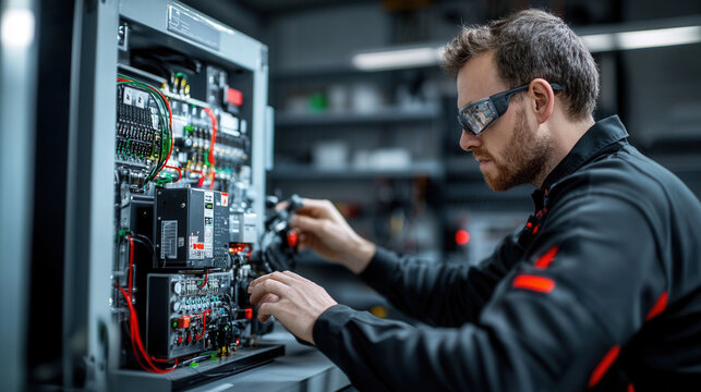technician working on electrical equipment in workshop, focused on repairs and maintenance. environment is well organized and equipped with tools