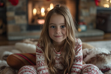 A little girl sits contentedly in her holiday pajamas near a warmly lit fireplace. The glow from...