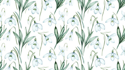Blue green watercolor seamless pattern featuring round Doodle floral ornaments of snowdrops on a crisp white background