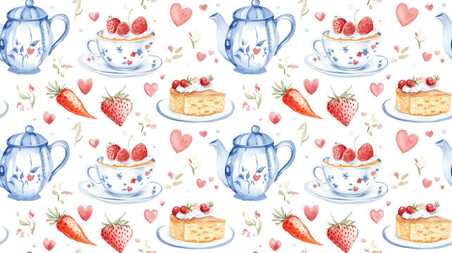 Seamless watercolor pattern featuring a porcelain teapot cup and carrot cake with hand drawn lettering and hearts perfect for tea party invitations handmade clipart