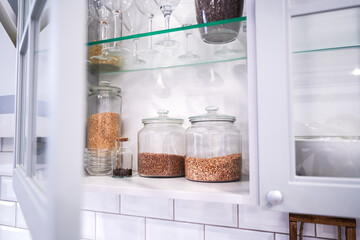 Collection of grain products in kitchen storage. Home kitchen lifestyle