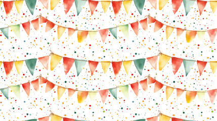 Seamless watercolor pattern featuring vibrant yellow red and green flags and confetti on a rope garland ideal for festive greetings invitations and decor