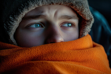 person wrapped in warm orange blanket, gazing thoughtfully with blue eyes, conveying sense of comfort and introspection in dimly lit space