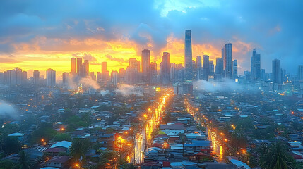 Obraz premium Cityscape at Sunset with Foggy Street
