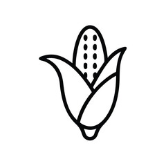 Simple corn icon with husk outline, Black and white outline illustration of a corn cob with husk, symbolizing agriculture, harvest, and food in a minimalist style.