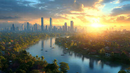 Naklejka premium Sunrise Over City Skyline and River - Photo