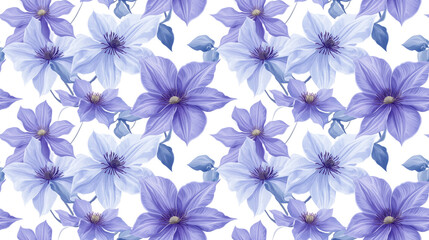 Seamless pattern featuring a bouquet of delicate purple clematis flowers on a crisp white background perfect for fabric design and home decor