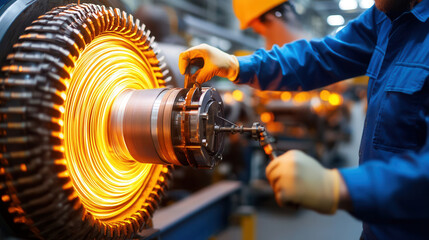 worker in blue uniform operates machinery in factory, showcasing dynamic industrial processes with glowing elements. scene emphasizes sustainable production