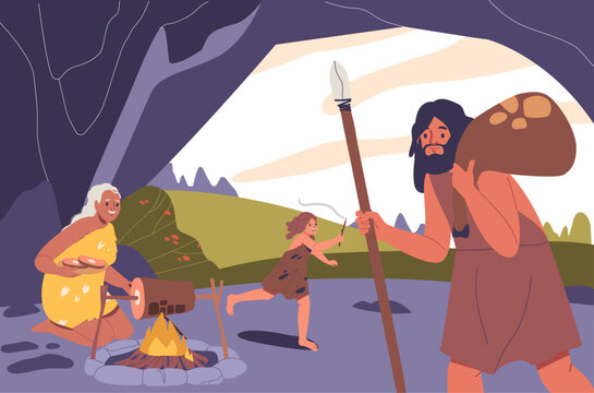 Illustration Depicting Stone Age People In A Cave Setting With A Rugged Atmosphere, Featuring A Spear-Wielding Man