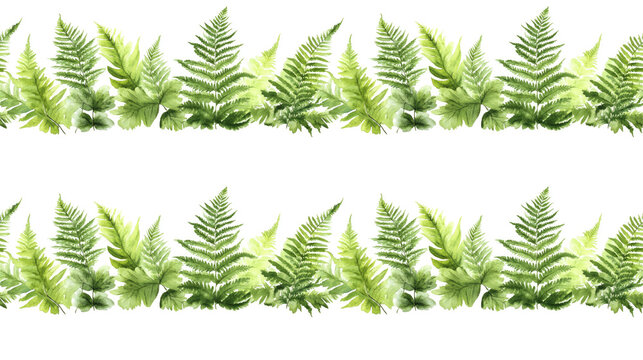 Seamless pattern featuring vibrant green fern leaves as a short horizontal border on a clean white background ideal for textile design nature inspired decor