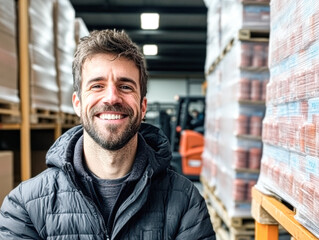 Fototapeta premium A man is smiling in a warehouse with a forklift in the background