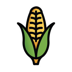Corn on the cob illustration with husk, Illustration of a corn on the cob with green husk partially peeled, representing agriculture, food, and harvest themes in a simple style.
