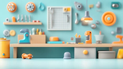 colorful workshop scene featuring various tools and equipment on workbench, creating vibrant and creative atmosphere