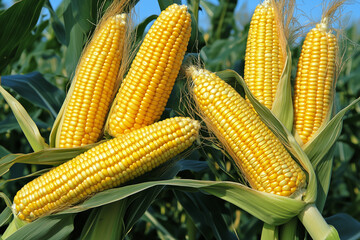 Close-up of corn stalks with ears of corn, highlighting growth and harvest in agricultural fields.