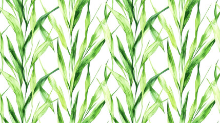 Fototapeta premium Seamless pattern of vibrant green grass stalks against a clean white background ideal for textile and wallpaper designs