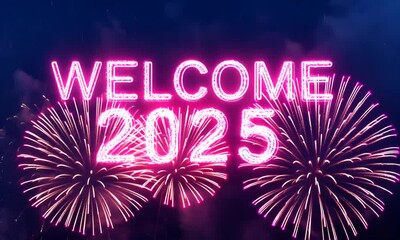 A vibrant display welcoming the year 2025 with fireworks and neon text.