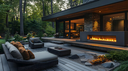 Modern Outdoor Patio with Stone Fireplace - Photo