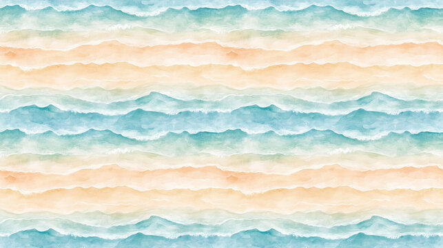 Watercolor seamless pattern of a tranquil seashore with gentle waves and soft sand ideal for textile designs and home decor
