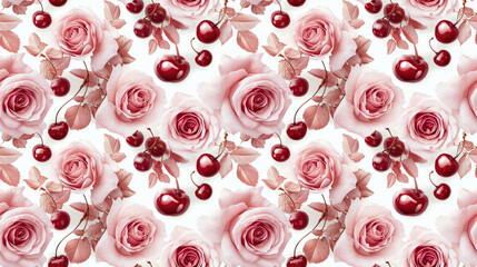 Seamless pattern featuring pink roses intertwined with cherries on a crisp white background ideal for creative projects