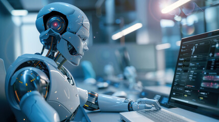 Fototapeta premium A workplace enhanced by automation tools, including AI assistants, automated scheduling, and robotic process automation to boost efficiency.