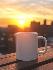 Mockup White Mug with Rooftop View of Urban Skyline in Evening, City Design Template