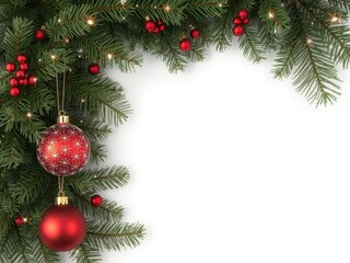 Christmas composition featuring lush fir tree branches adorned with sparkling holiday ornaments, holiday ornaments, branches