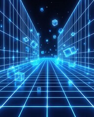 Fototapeta premium A futuristic digital tunnel with glowing blue cubes floating in a neon grid pattern, creating a sense of high-speed movement and infinite space.