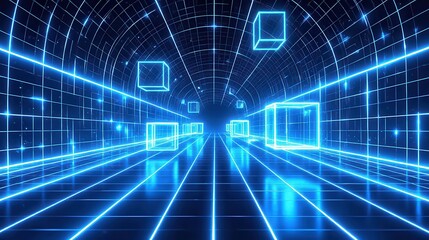 A futuristic digital tunnel with glowing blue cubes floating in a neon grid pattern, creating a sense of high-speed movement and infinite space.