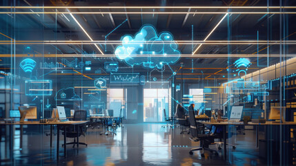 Fototapeta premium A workplace in the midst of digital transformation, with new AI tools, cloud-based systems, and smart workspaces to enhance productivity.