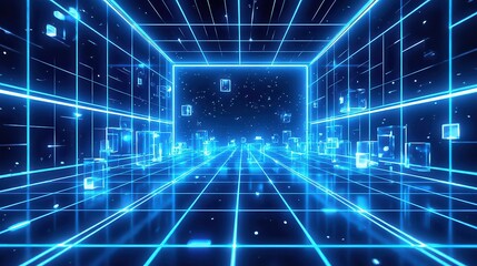 Obraz premium A futuristic digital tunnel with glowing blue cubes floating in a neon grid pattern, creating a sense of high-speed movement and infinite space.