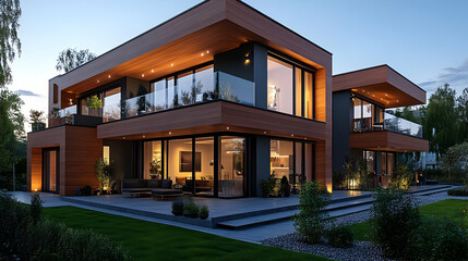 Obraz premium Modern House with Wooden Siding 3D Illustration