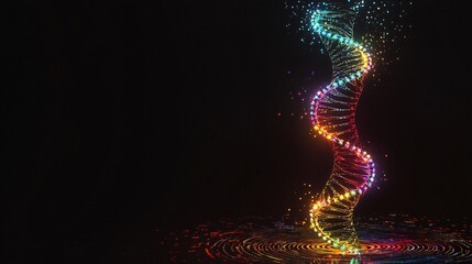 Obraz premium A vibrant, illuminated DNA helix glows against a dark background, showcasing colorful lights and sparkling effects, symbolizing life and innovation.